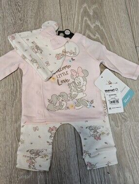 Disney Baby Minnie Mouse 3-Piece Outfit Set Newborn Pink Leggings, Top, Hat NWT